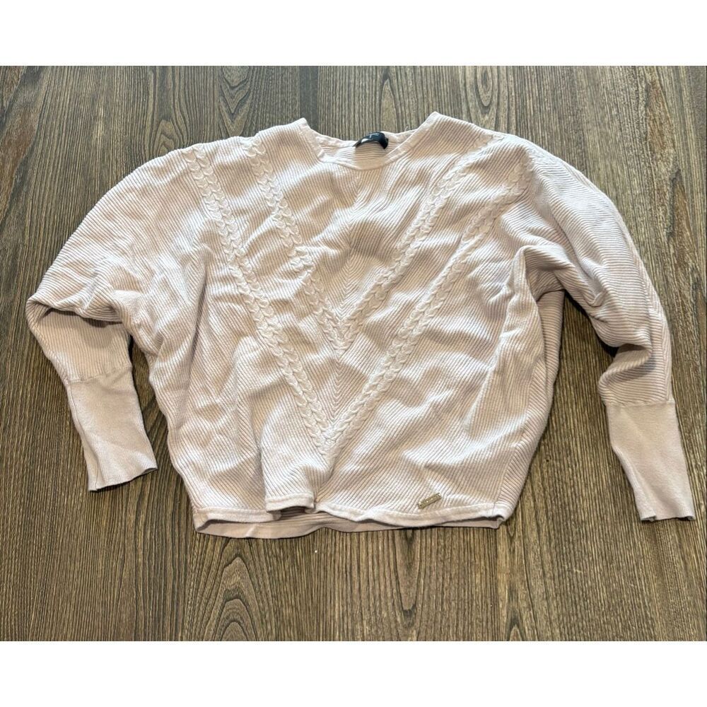 T Tahari Womens Ribbed Knit Sweater Batwing Cropped Crew Neck Cream Size S